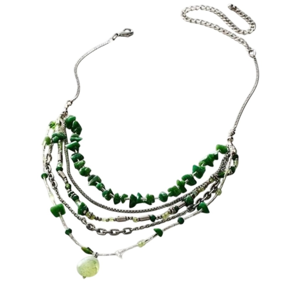 Free People Necklace NWT Women OS Jade Green Aurelia Layered Stone Boho Silver